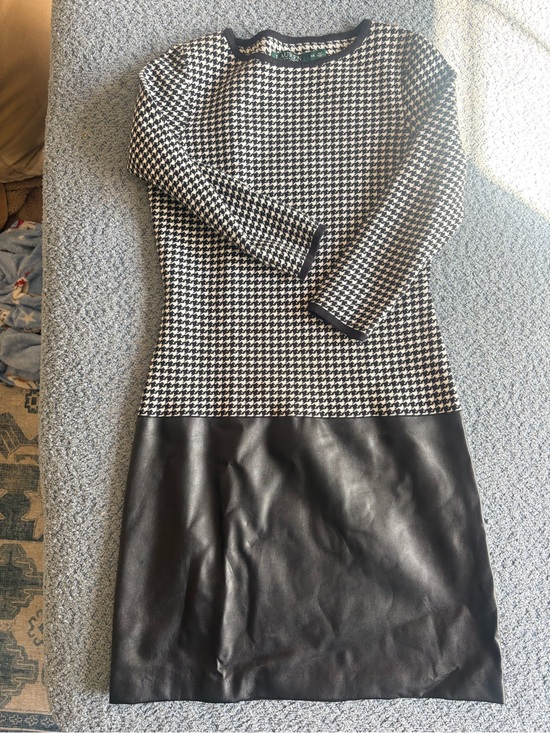 Ralph Lauren Dresses & Skirts - Ralph Lauren Black & White Houndstooth Long Sleeve Dress with Faux Leather Skirt